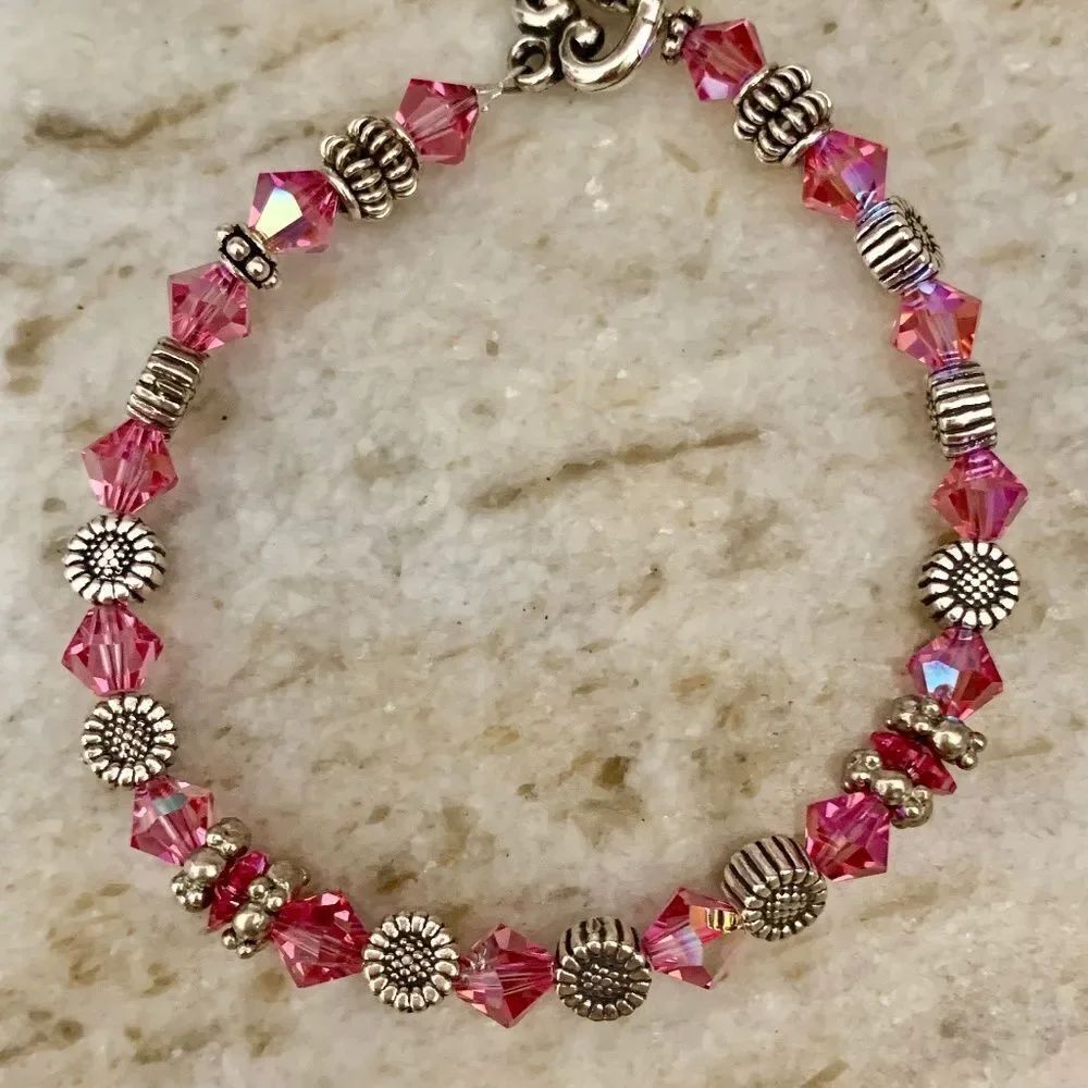 Pink Rose AB Crystals with Daisy Sterling Silver Bracelet #handmade